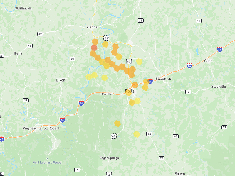 Hail map of Rolla, MO on Jul 10, 2026, hail up to 1.5"