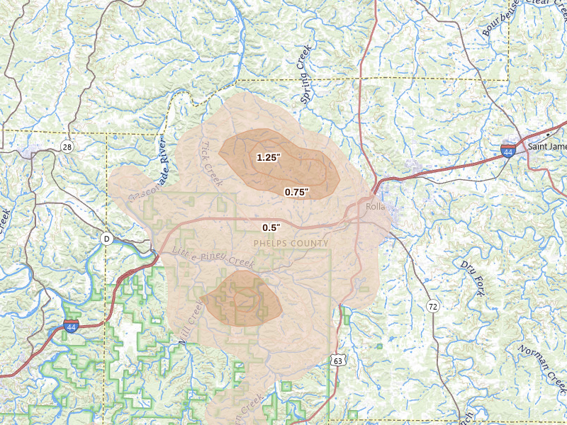 Radar-estimated hail-size map of the storm over Rolla, MO on Aug 12, 2026