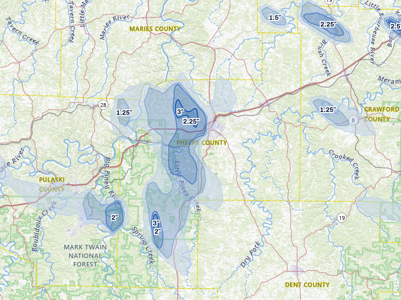 NEXRAD radar-signature map of the hail storm over Rolla, MO on Aug 12, 2026