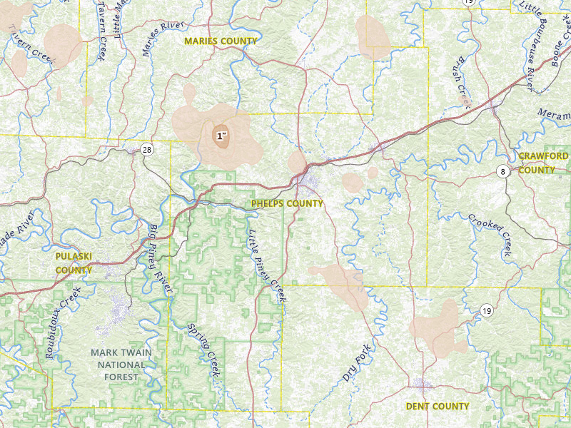 Radar-estimated hail-size map of the storm over Rolla, MO on Aug 18, 2026