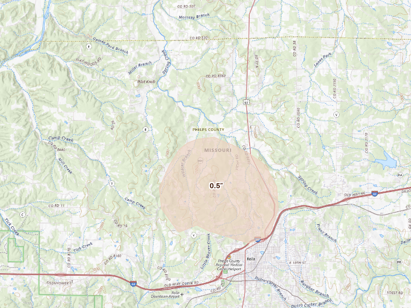 Radar-estimated hail-size map of the storm over Rolla, MO