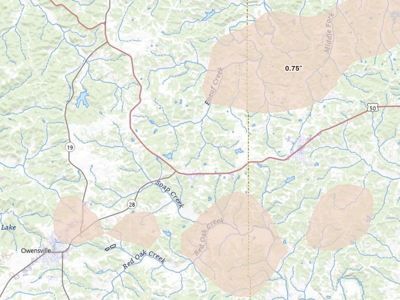 Radar-estimated hail-size map of the storm over Rosebud, MO on Apr 27, 2026