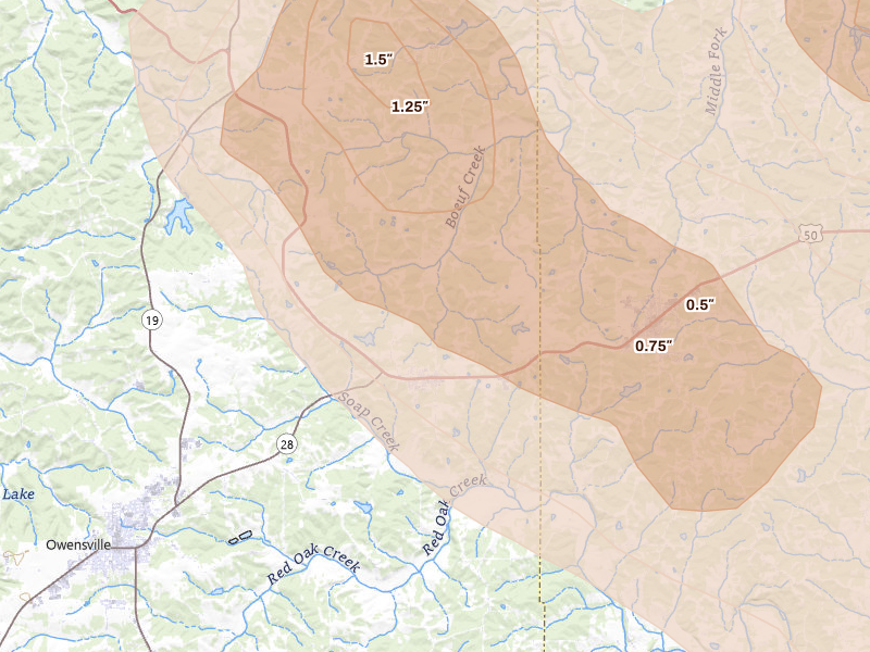 Radar-estimated hail-size map of the storm over Rosebud, MO on Aug 12, 2026