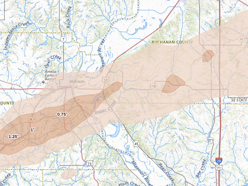Radar-estimated hail-size map of the storm over Rushville, MO on Apr 17, 2026
