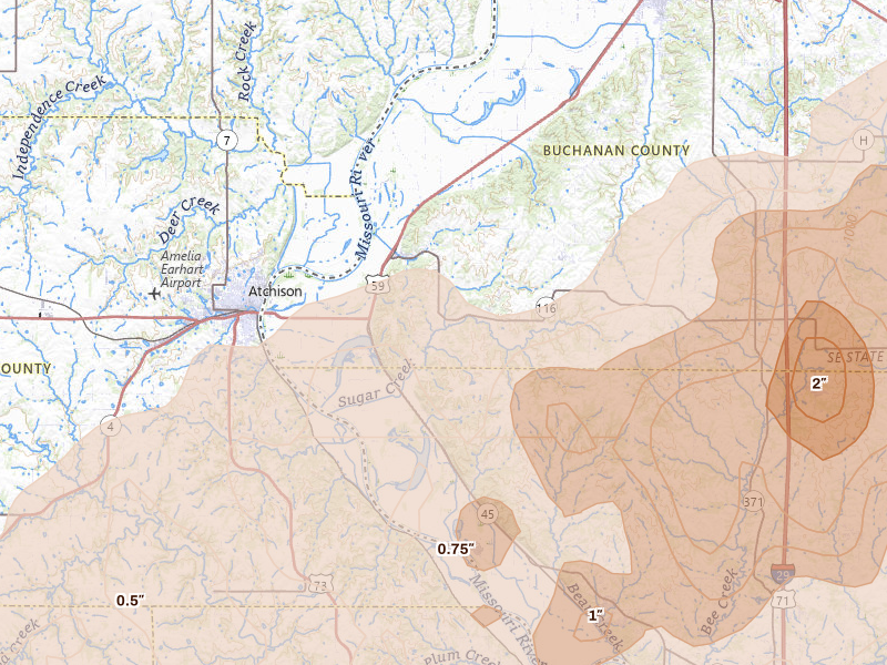 Radar-estimated hail-size map of the storm over Rushville, MO on Apr 26, 2026