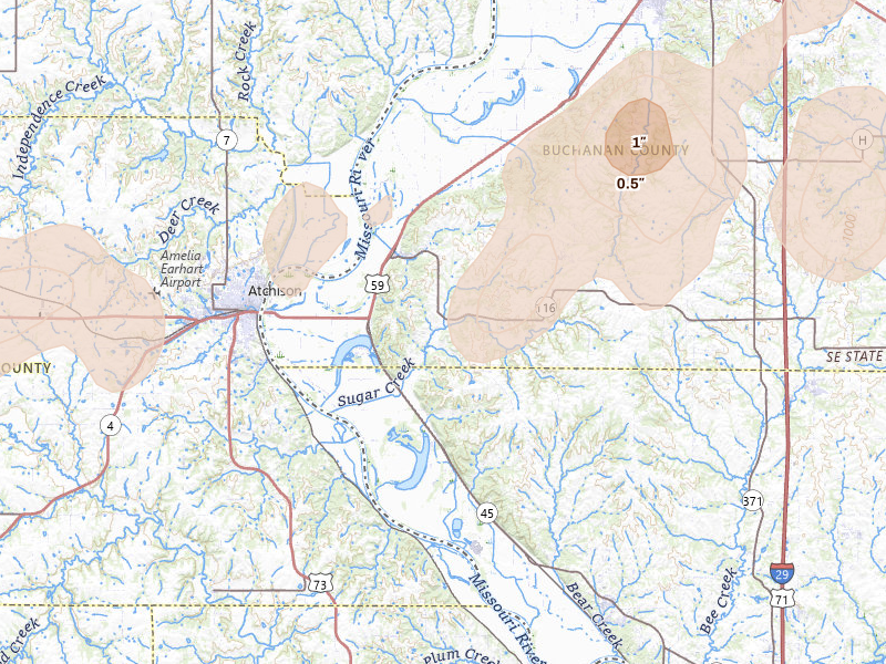 Radar-estimated hail-size map of the storm over Rushville, MO on Jul 3, 2026
