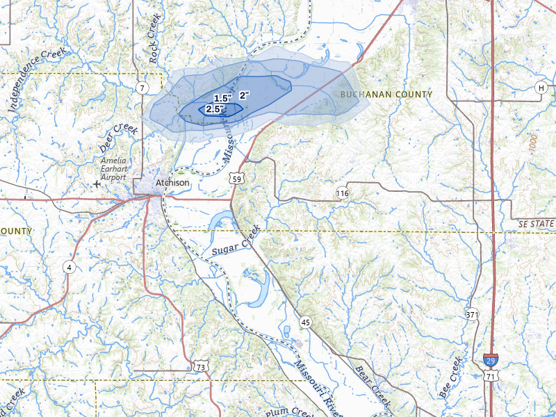 NEXRAD radar-signature map of the hail storm over Rushville, MO on Jul 10, 2026