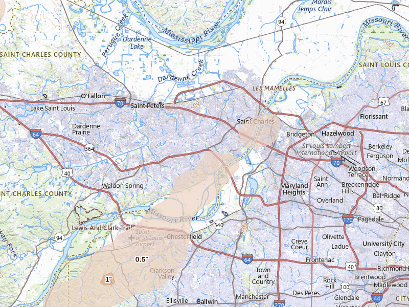 Radar-estimated hail-size map of the storm over Saint Charles, MO on Apr 17, 2026