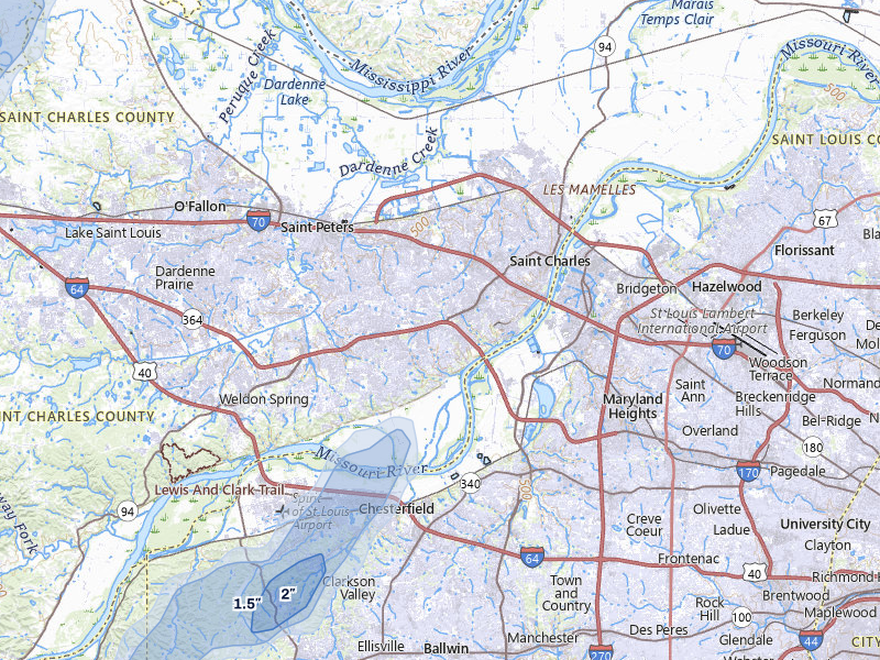NEXRAD radar-signature map of the hail over Saint Charles, MO