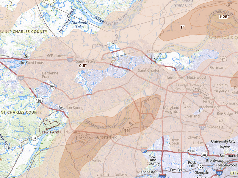 Radar-estimated hail-size map of the storm over Saint Charles, MO on Apr 27, 2026