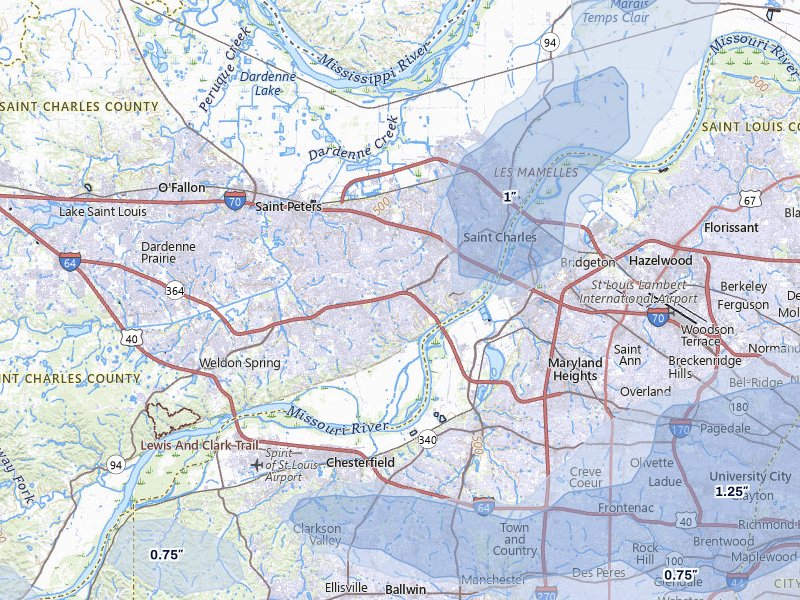 NEXRAD radar-signature map of the hail storm over Saint Charles, MO on May 31, 2026
