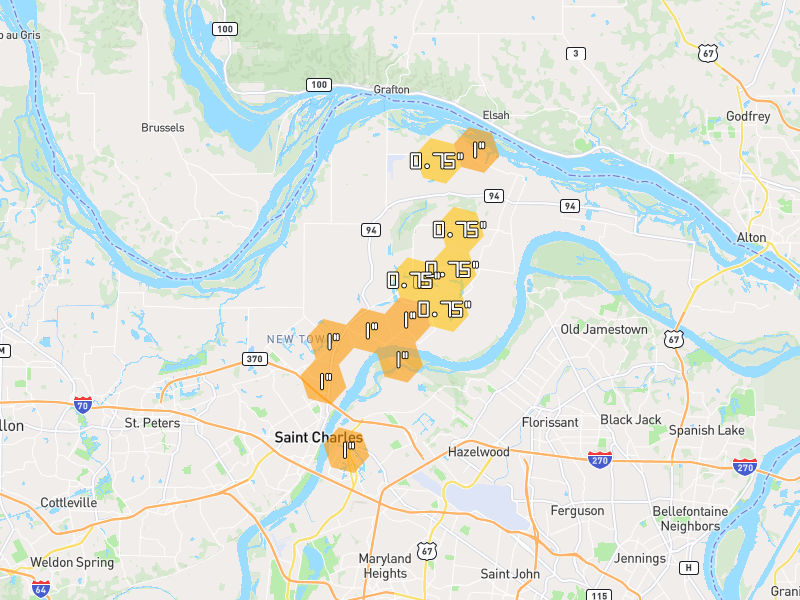 Hail map of Saint Charles, MO on Jun 1, 2026, hail up to 1"