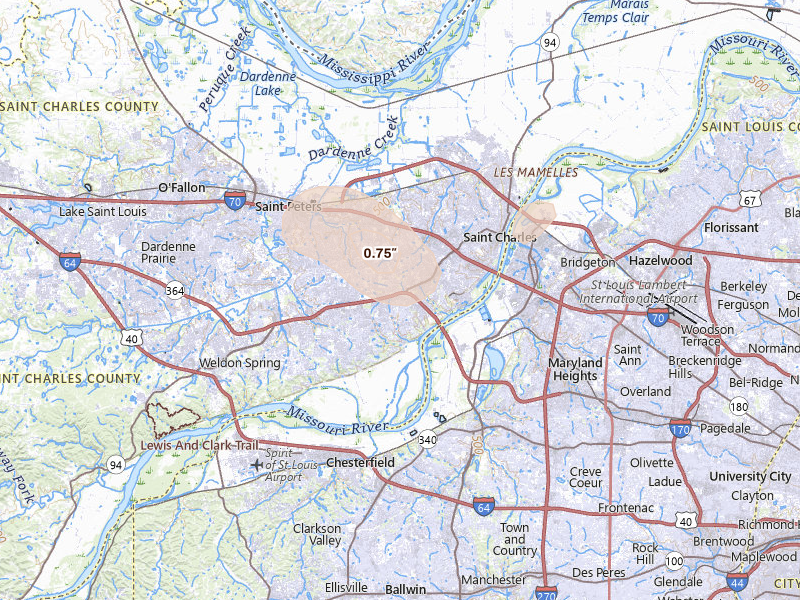 Radar-estimated hail-size map of the storm over Saint Charles, MO on Jun 25, 2026