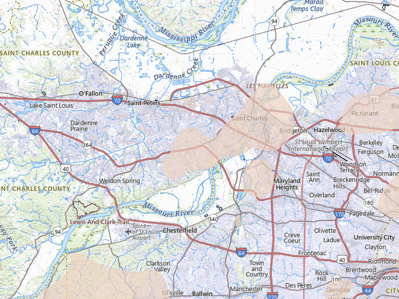 Radar-estimated hail-size map of the storm over Saint Charles, MO on Jul 4, 2026