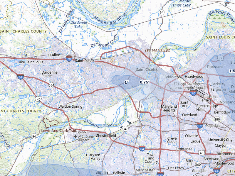 NEXRAD radar-signature map of the hail over Saint Charles, MO