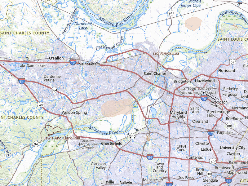 Radar-estimated hail-size map of the storm over Saint Charles, MO on Jul 10, 2026