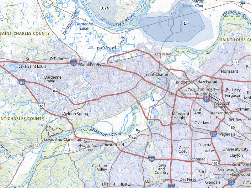 NEXRAD radar-signature map of the hail storm over Saint Charles, MO on Jul 10, 2026