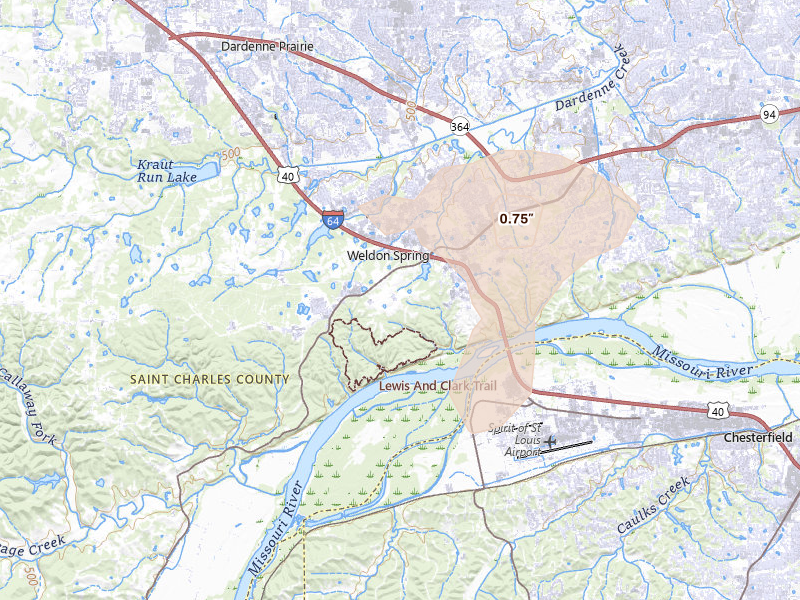 Radar-estimated hail-size map of the storm over Saint Charles, MO on Aug 12, 2026