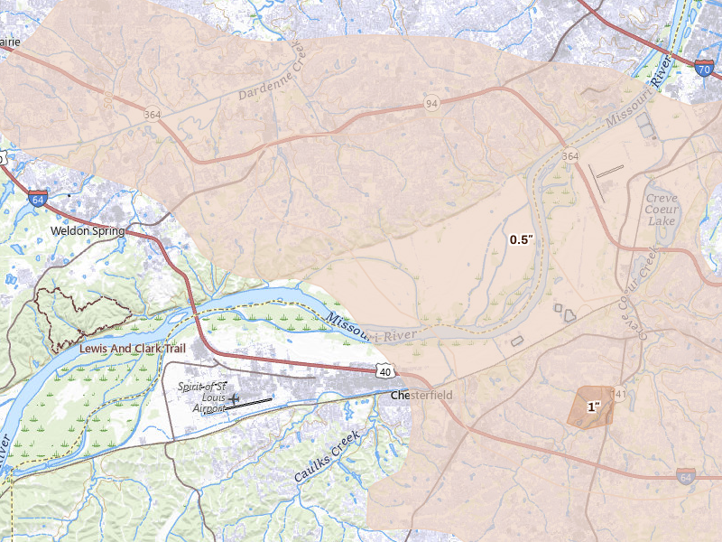 Radar-estimated hail-size map of the storm over Saint Charles, MO on Aug 16, 2026