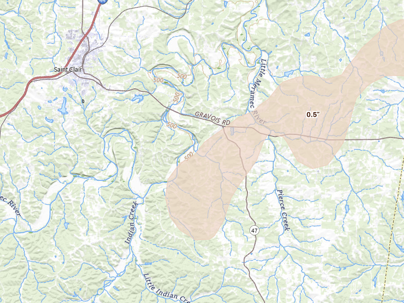 Radar-estimated hail-size map of the storm over Saint Clair, MO on Apr 26, 2026