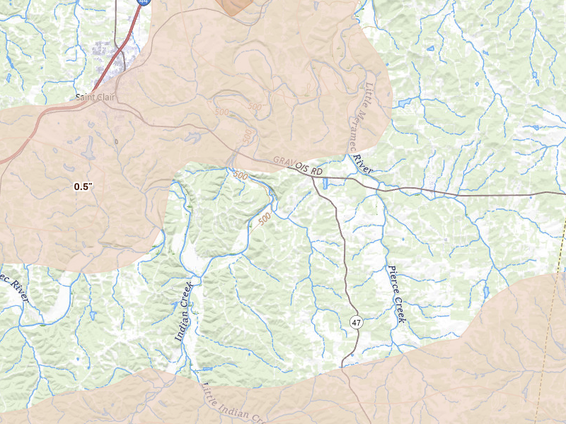 Radar-estimated hail-size map of the storm over Saint Clair, MO on Apr 27, 2026