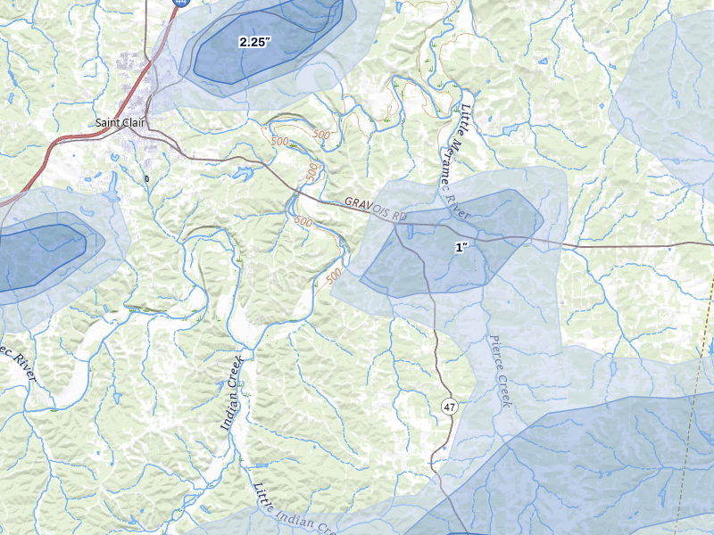 NEXRAD radar-signature map of the hail over Saint Clair, MO