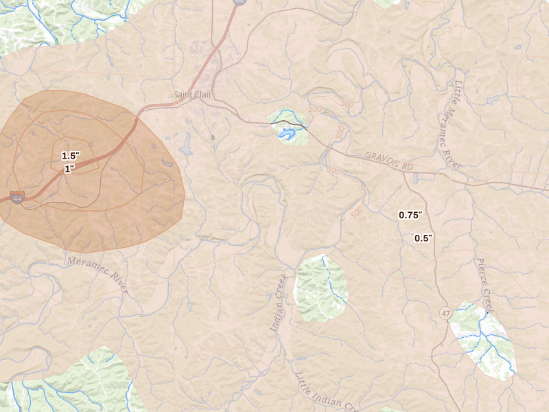 Radar-estimated hail-size map of the storm over Saint Clair, MO on Aug 12, 2026