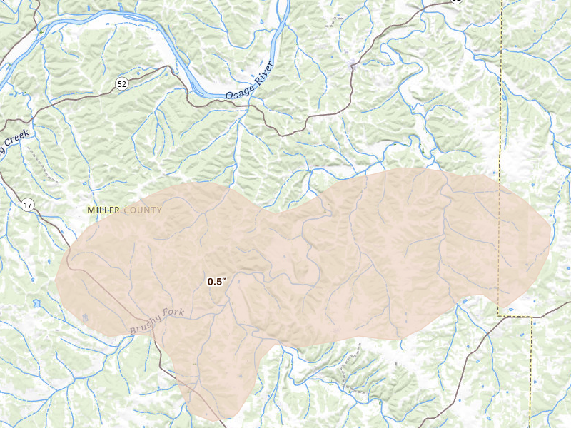 Radar-estimated hail-size map of the storm over Saint Elizabeth, MO on Apr 26, 2026