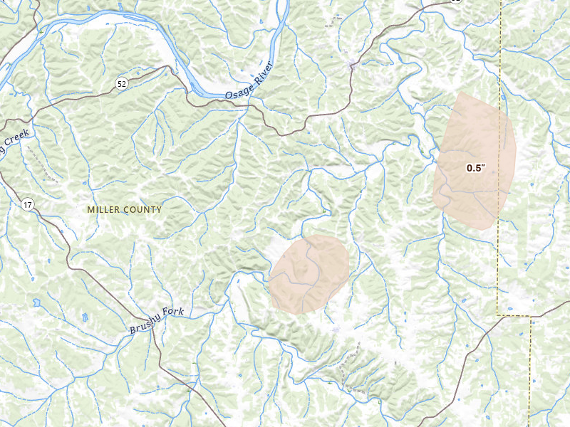 Radar-estimated hail-size map of the storm over Saint Elizabeth, MO on Apr 28, 2026