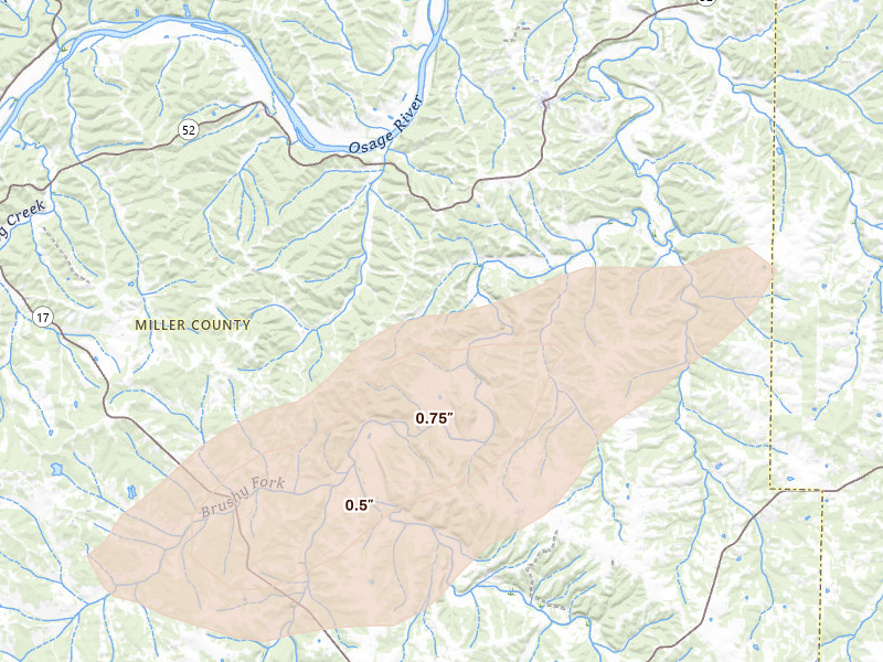 Radar-estimated hail-size map of the storm over Saint Elizabeth, MO on Aug 16, 2026