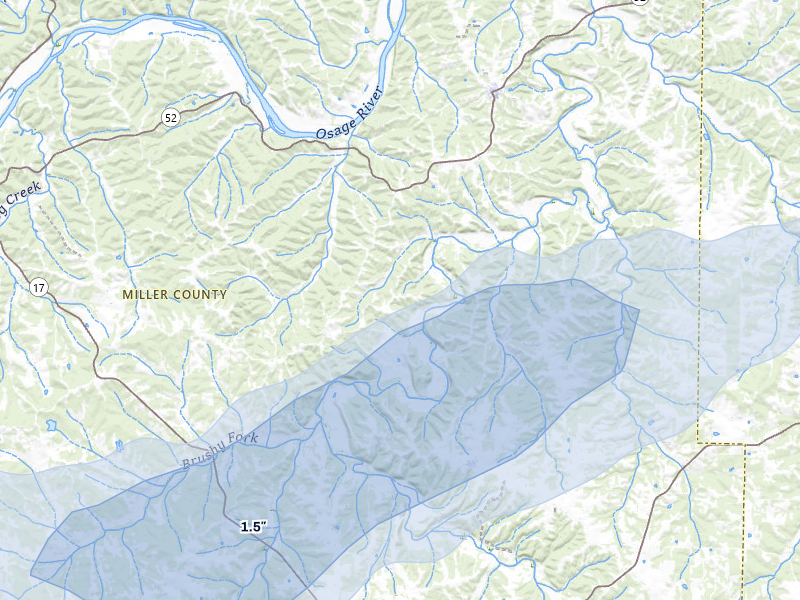 NEXRAD radar-signature map of the hail storm over Saint Elizabeth, MO on Aug 16, 2026