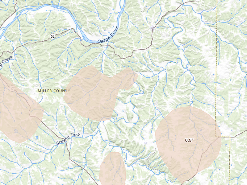 Radar-estimated hail-size map of the storm over Saint Elizabeth, MO on Aug 18, 2026