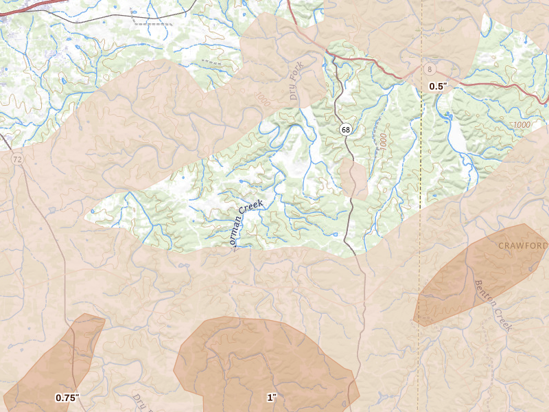 Radar-estimated hail-size map of the storm over Saint James, MO on Apr 26, 2026
