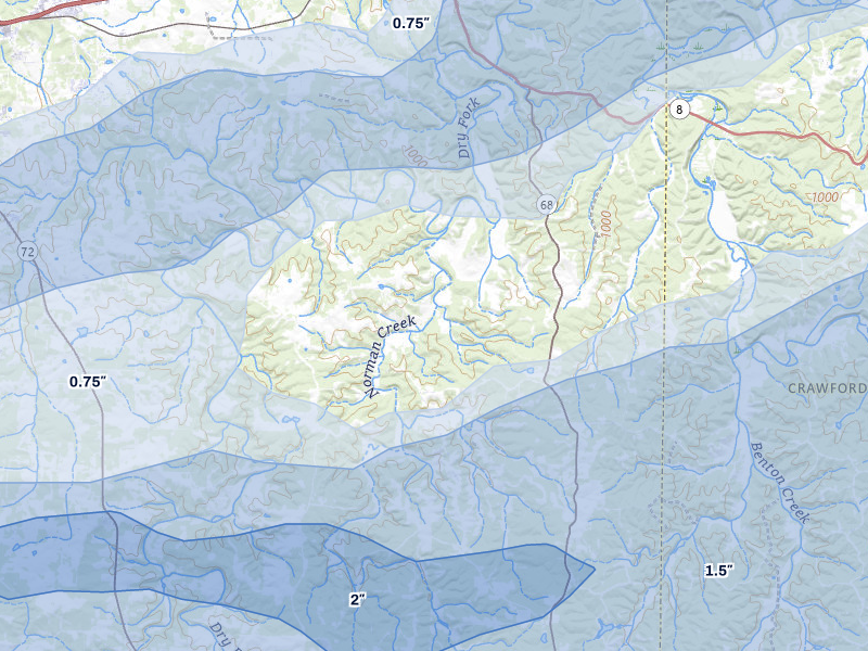 NEXRAD radar-signature map of the hail over Saint James, MO