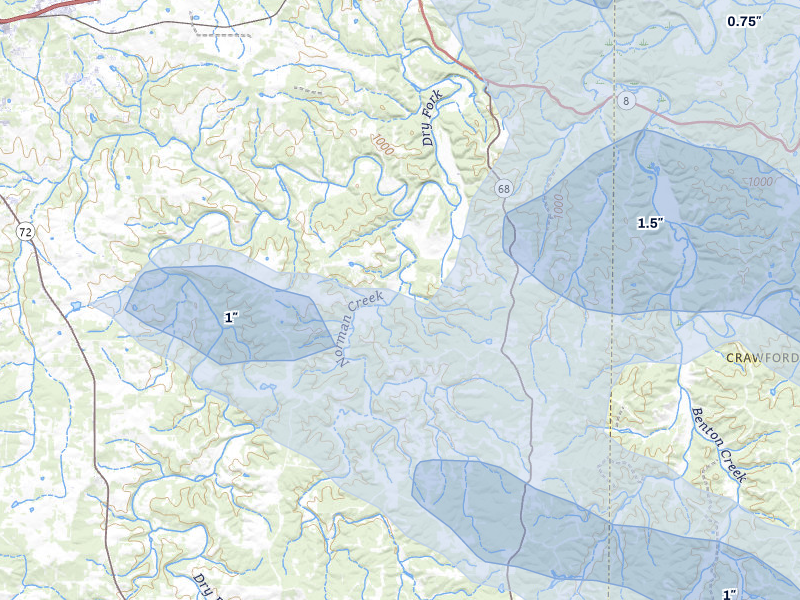 NEXRAD radar-signature map of the hail storm over Saint James, MO on May 31, 2026