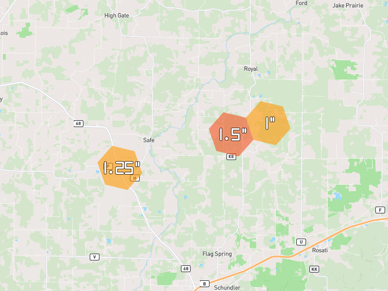 Hail map of Saint James, MO on Jun 1, 2026, hail up to 1.5"