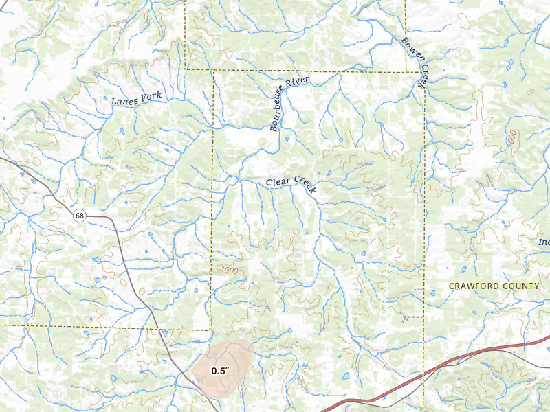 Radar-estimated hail-size map of the storm over Saint James, MO on Jul 5, 2026