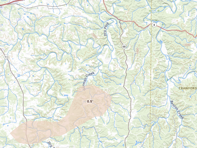 Radar-estimated hail-size map of the storm over Saint James, MO on Jul 10, 2026