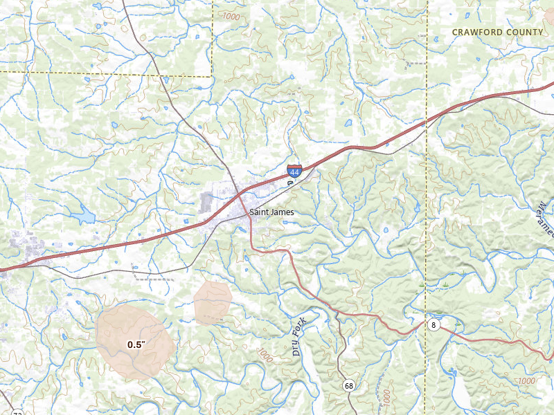 Radar-estimated hail-size map of the storm over Saint James, MO on Aug 18, 2026
