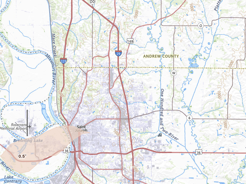 Radar-estimated hail-size map of the storm over Saint Joseph, MO on Mar 31, 2026