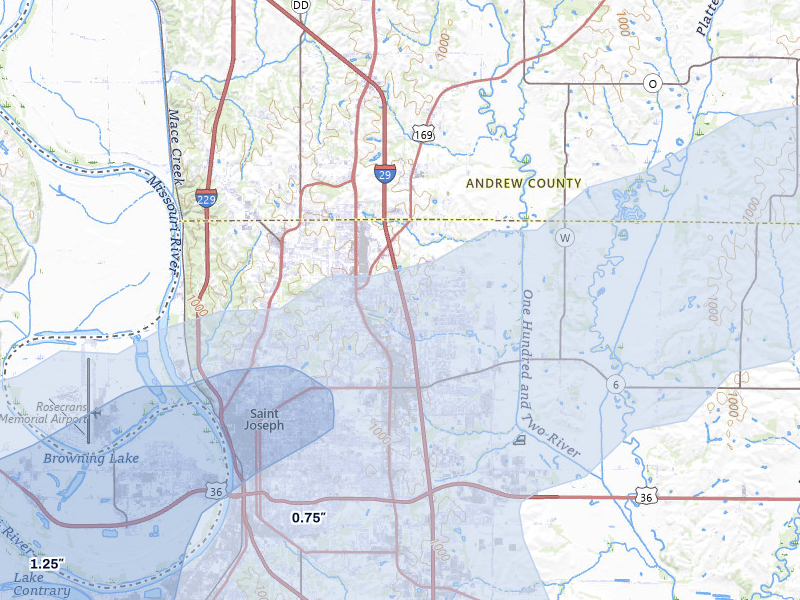 NEXRAD radar-signature map of the hail over Saint Joseph, MO