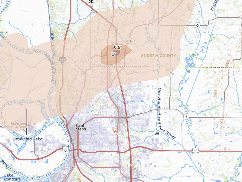 Radar-estimated hail-size map of the storm over Saint Joseph, MO on Apr 17, 2026