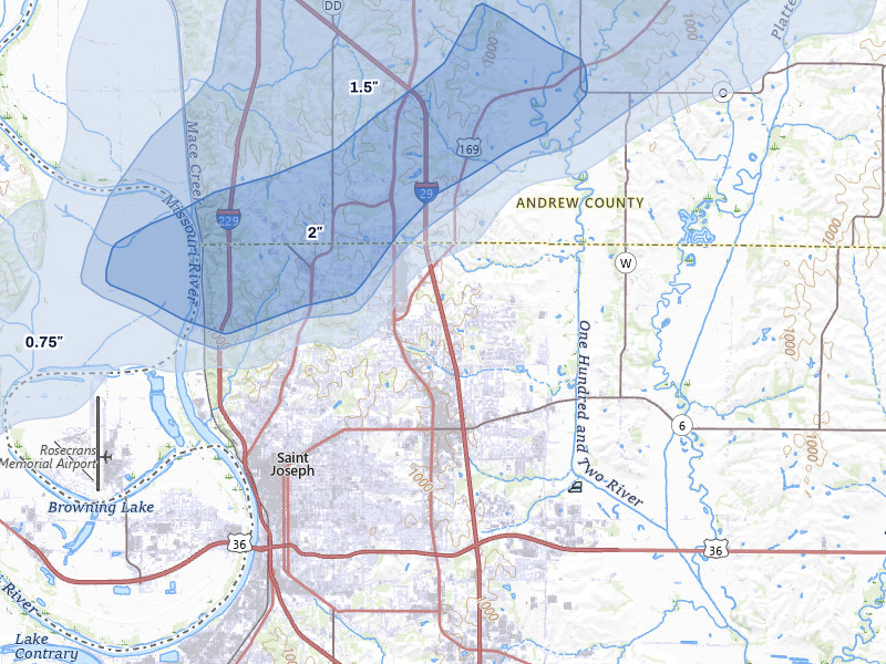 NEXRAD radar-signature map of the hail over Saint Joseph, MO
