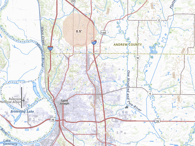 Radar-estimated hail-size map of the storm over Saint Joseph, MO on Jun 6, 2026