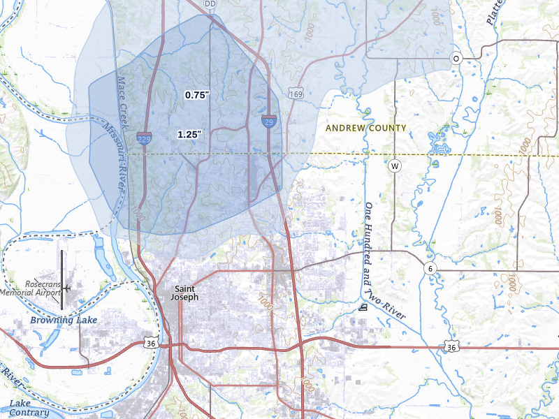 NEXRAD radar-signature map of the hail storm over Saint Joseph, MO on Jun 6, 2026