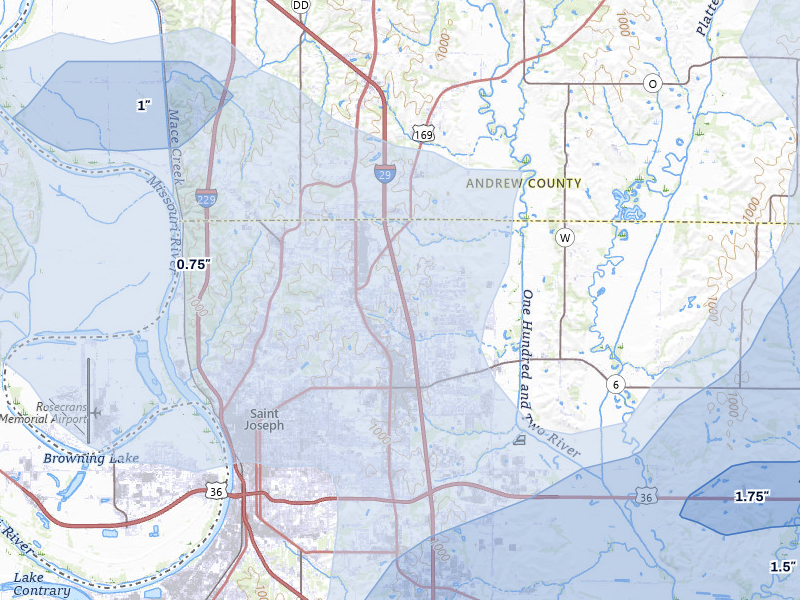 NEXRAD radar-signature map of the hail storm over Saint Joseph, MO on Jul 3, 2026