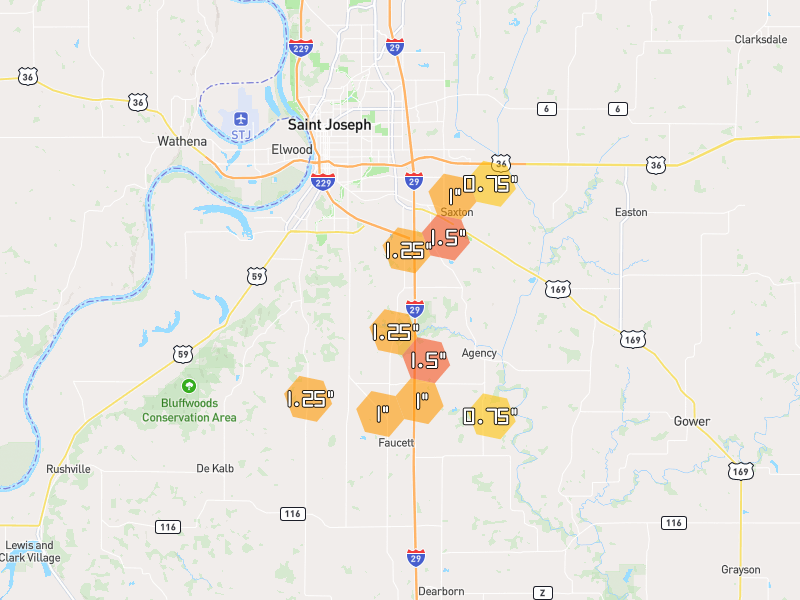 Hail map of Saint Joseph, MO on Jul 3, 2026, hail up to 1.5"
