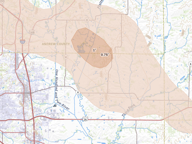Radar-estimated hail-size map of the storm over Saint Joseph, MO on Aug 19, 2026