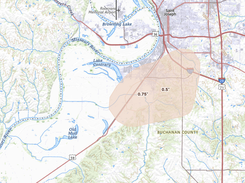 Radar-estimated hail-size map of the storm over Saint Joseph, MO