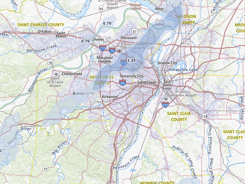 NEXRAD radar-signature map of the hail over Saint Louis, MO